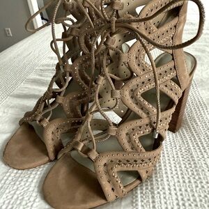 Women's Tan Lace-Up Heeled Sandals